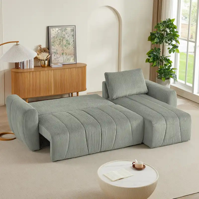 Grey 105.2" Corduroy L-Shaped Convertible Sleeper Sectional with Storage