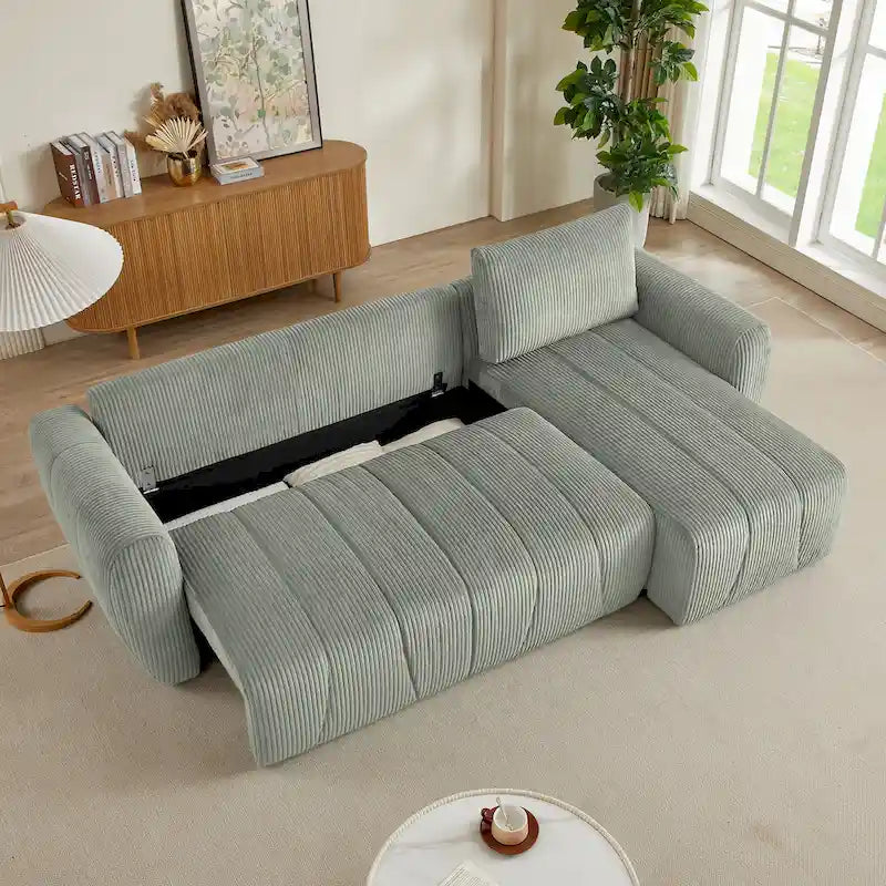 Grey 105.2" Corduroy L-Shaped Convertible Sleeper Sectional with Storage