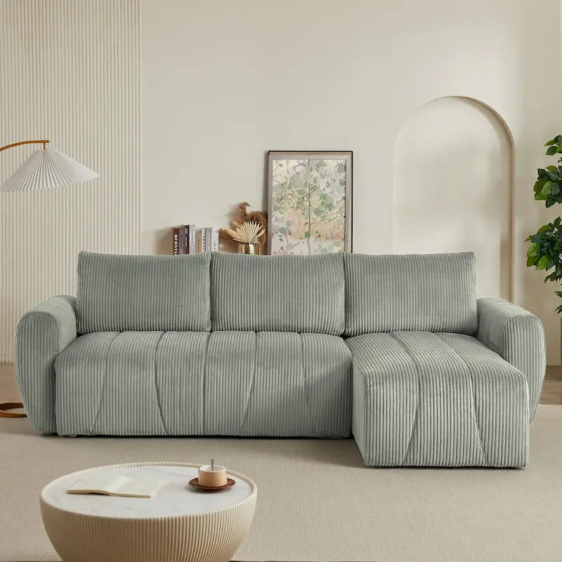 Grey 105.2" Corduroy L-Shaped Convertible Sleeper Sectional with Storage