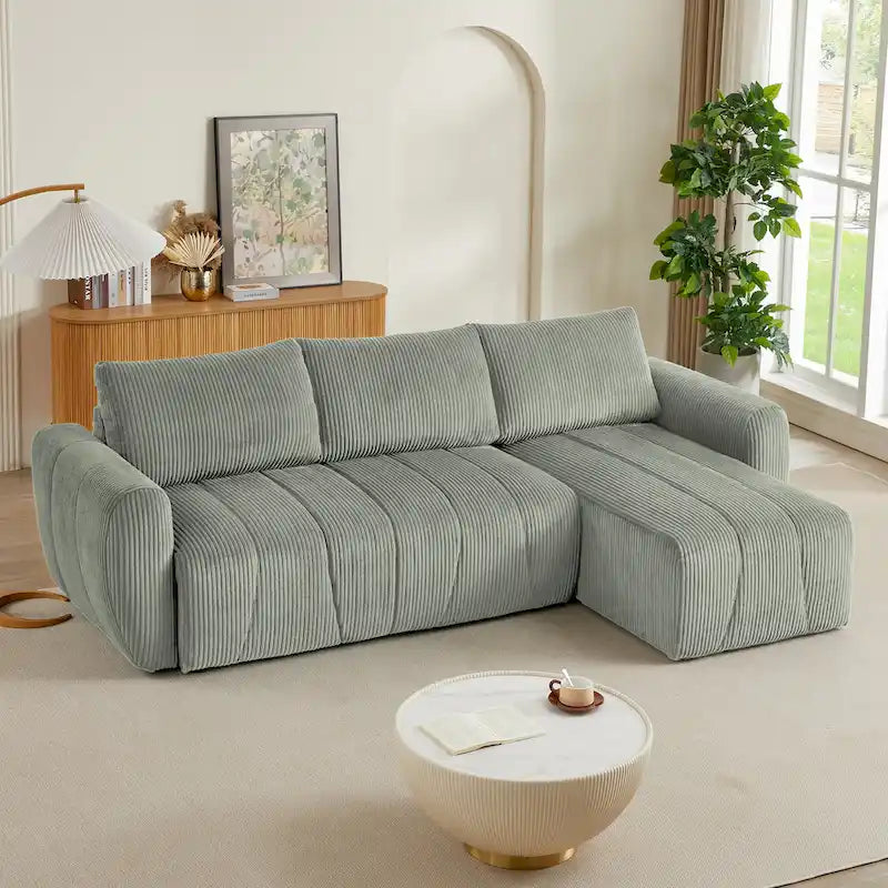 Grey 105.2" Corduroy L-Shaped Convertible Sleeper Sectional with Storage