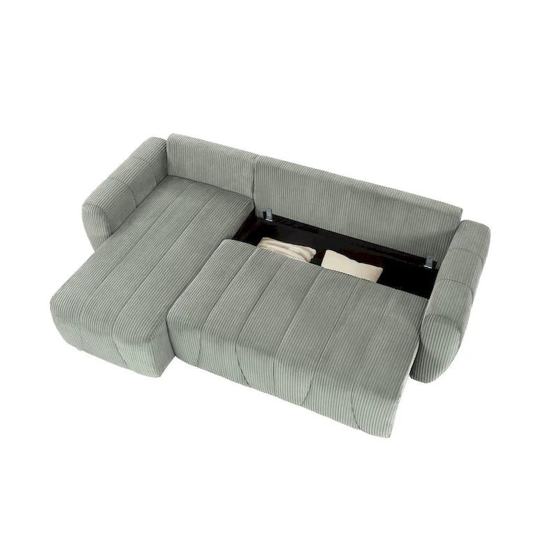 Grey 105.2" Corduroy L-Shaped Convertible Sleeper Sectional with Storage