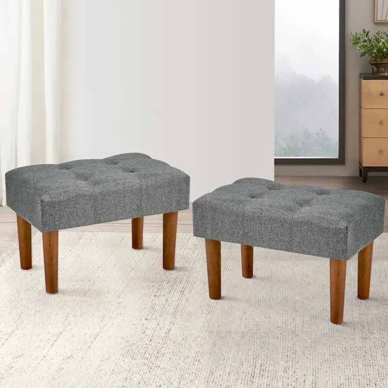 Small Foot Stool Ottoman, Linen Upholstered Footrest with Wood Legs (Set of 2)