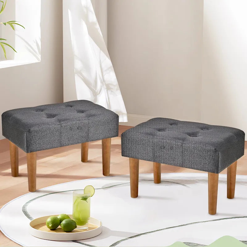 Small Foot Stool Ottoman, Linen Upholstered Footrest with Wood Legs (Set of 2)
