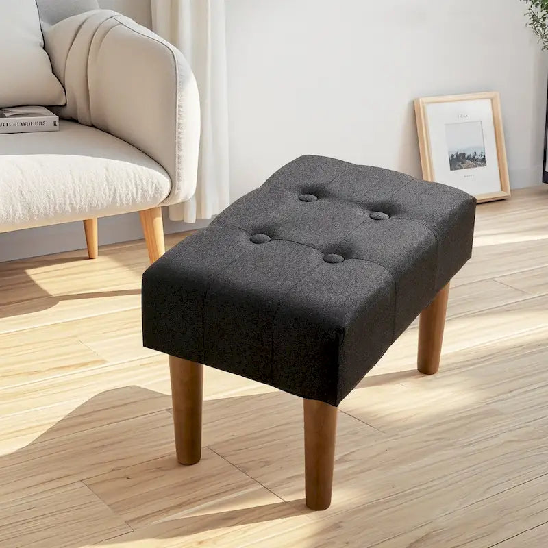 Small Foot Stool Ottoman, Linen Upholstered Footrest with Wood Legs (Set of 2)