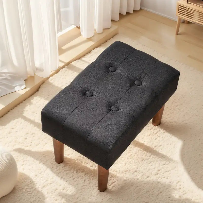 Small Foot Stool Ottoman, Linen Upholstered Footrest with Wood Legs (Set of 2)