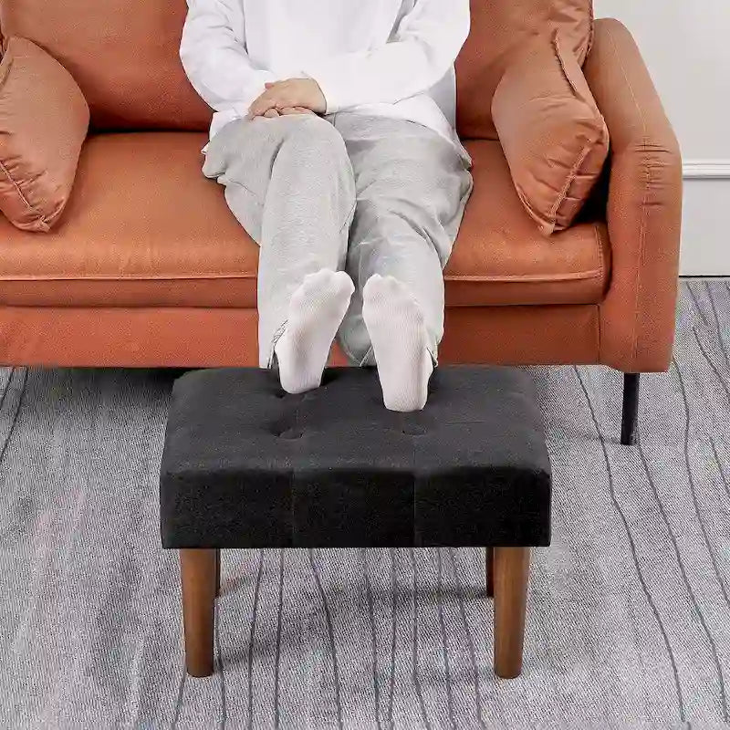 Small Foot Stool Ottoman, Linen Upholstered Footrest with Wood Legs (Set of 2)