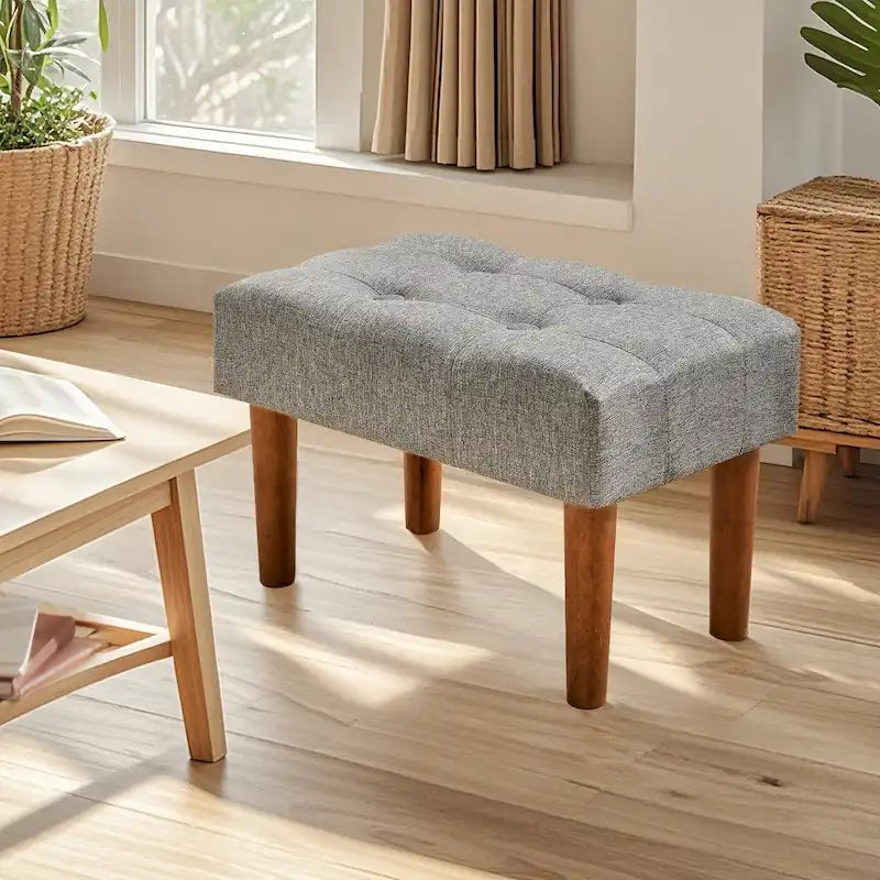 Small Foot Stool Ottoman, Linen Upholstered Footrest with Wood Legs (Set of 2)