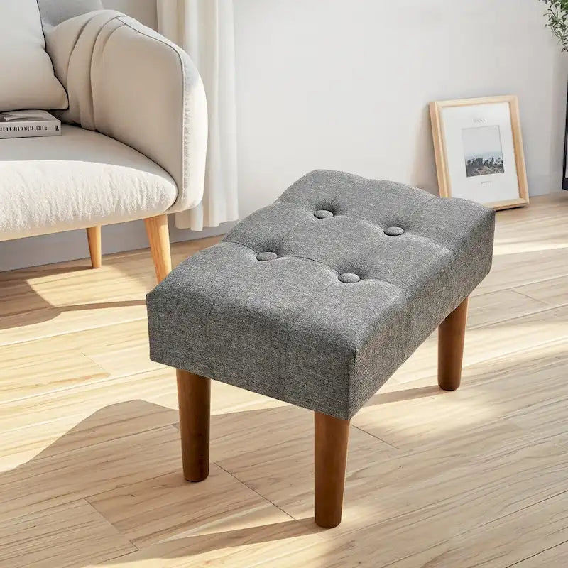 Small Foot Stool Ottoman, Linen Upholstered Footrest with Wood Legs (Set of 2)