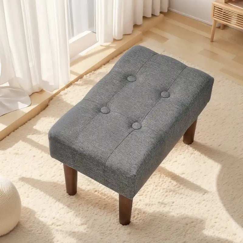 Small Foot Stool Ottoman, Linen Upholstered Footrest with Wood Legs (Set of 2)