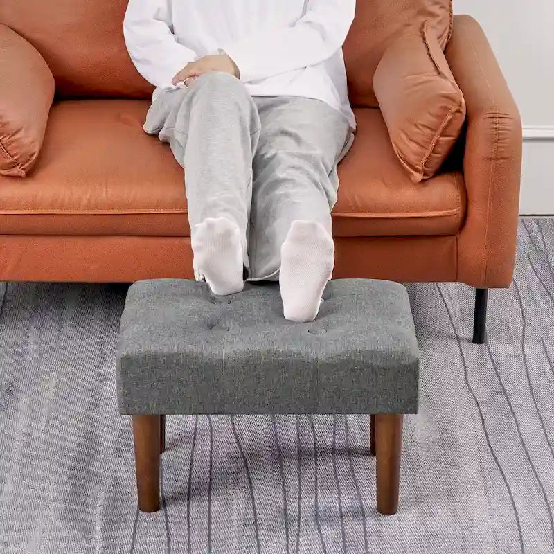 Small Foot Stool Ottoman, Linen Upholstered Footrest with Wood Legs (Set of 2)
