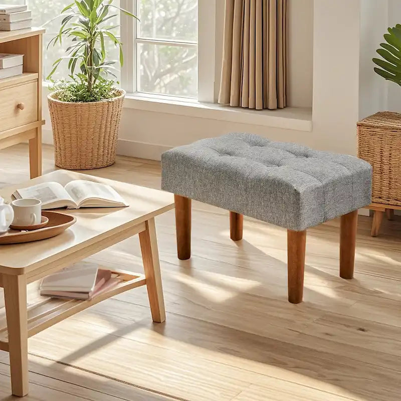Small Foot Stool Ottoman, Linen Upholstered Footrest with Wood Legs (Set of 2)