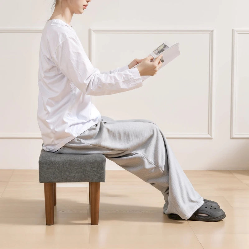 Small Foot Stool Ottoman, Linen Upholstered Footrest with Wood Legs (Set of 2)