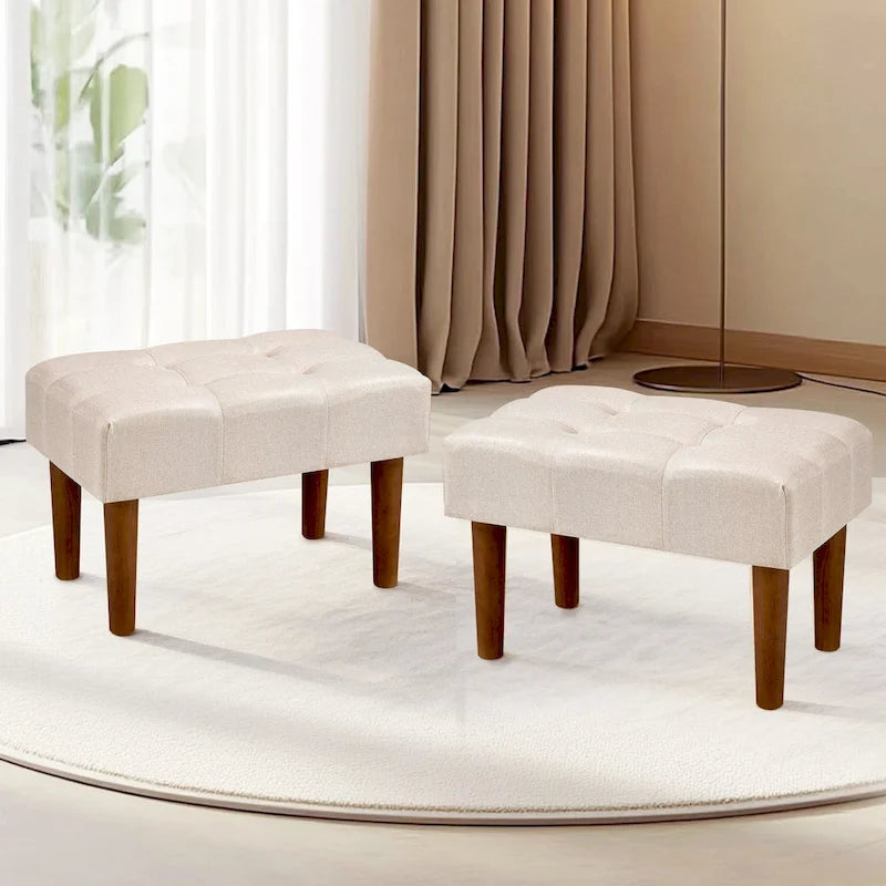 Small Foot Stool Ottoman, Linen Upholstered Footrest with Wood Legs (Set of 2)