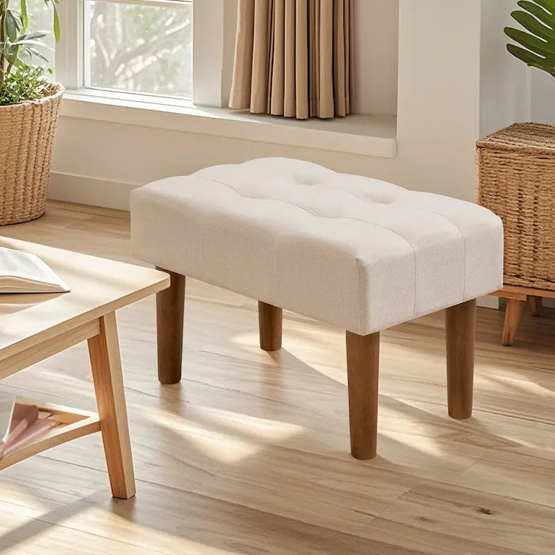 Small Foot Stool Ottoman, Linen Upholstered Footrest with Wood Legs (Set of 2)