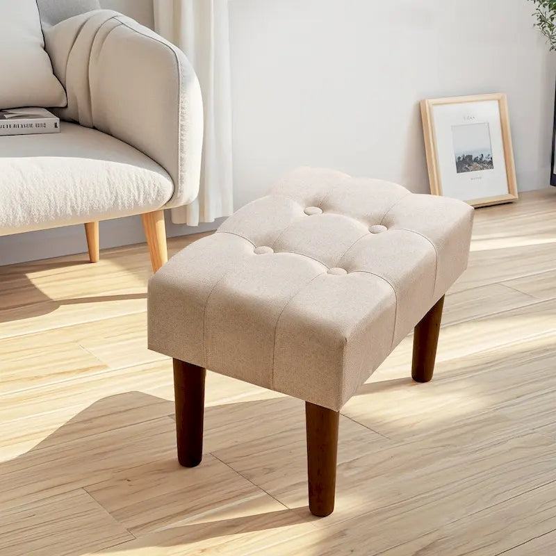Small Foot Stool Ottoman, Linen Upholstered Footrest with Wood Legs (Set of 2)