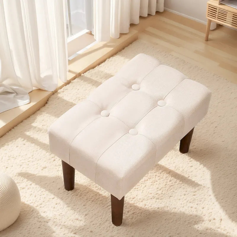 Small Foot Stool Ottoman, Linen Upholstered Footrest with Wood Legs (Set of 2)