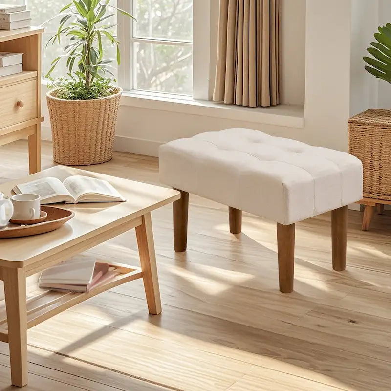 Small Foot Stool Ottoman, Linen Upholstered Footrest with Wood Legs (Set of 2)