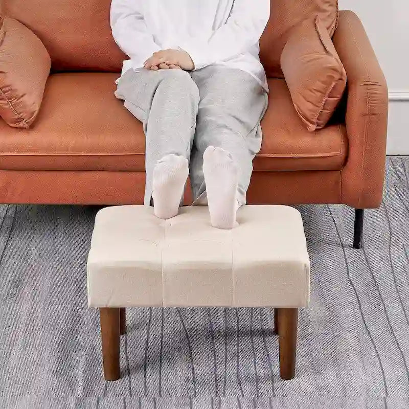 Small Foot Stool Ottoman, Linen Upholstered Footrest with Wood Legs (Set of 2)