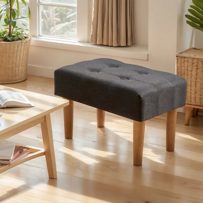 Small Foot Stool Ottoman, Linen Upholstered Footrest with Wood Legs (Set of 2)