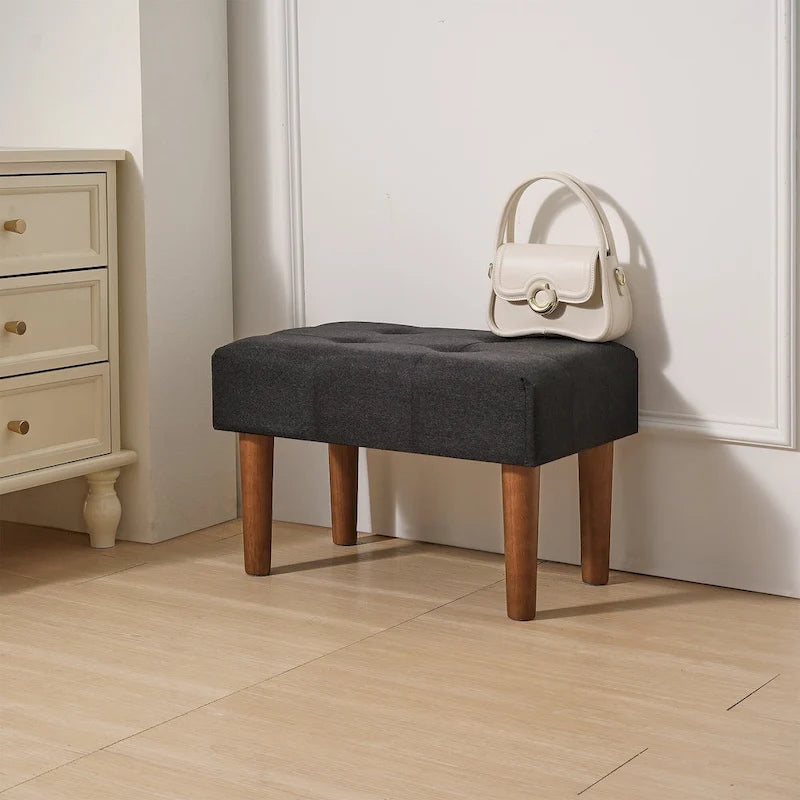 Small Foot Stool Ottoman, Linen Upholstered Footrest with Wood Legs (Set of 2)