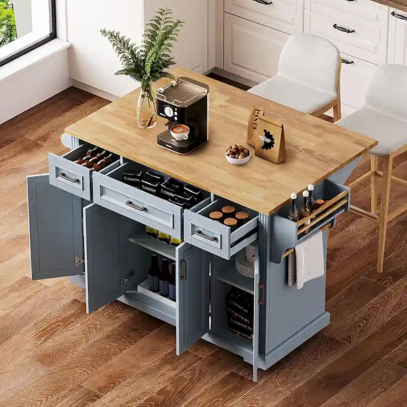 54" Rolling Kitchen Island with Drop Leaf, 4 Doors & 3 Drawers