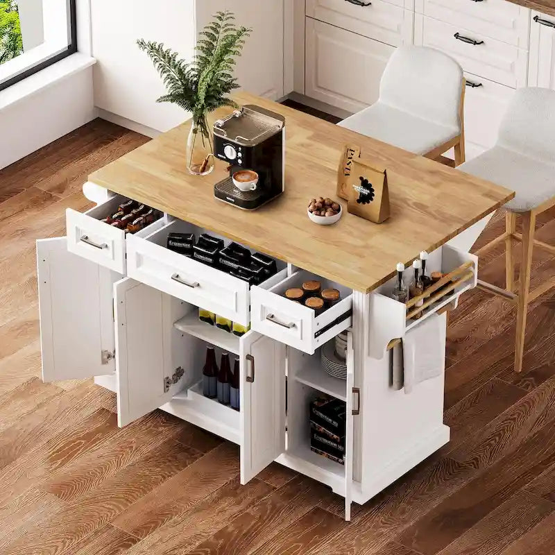 54" Rolling Kitchen Island with Drop Leaf, 4 Doors & 3 Drawers