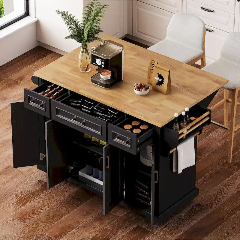 54" Rolling Kitchen Island with Drop Leaf, 4 Doors & 3 Drawers