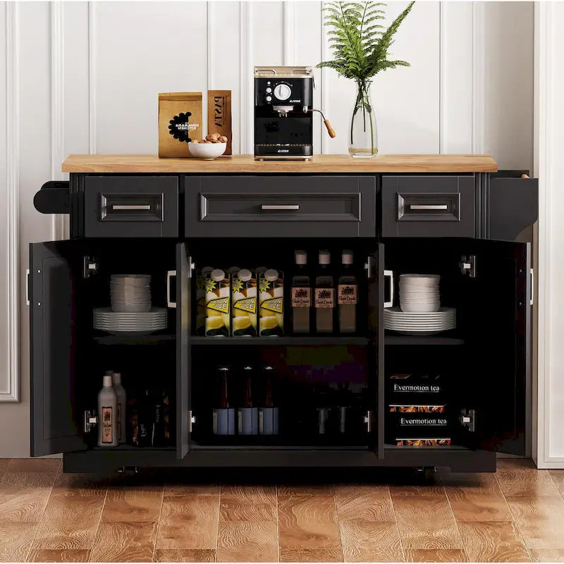 54" Rolling Kitchen Island with Drop Leaf, 4 Doors & 3 Drawers