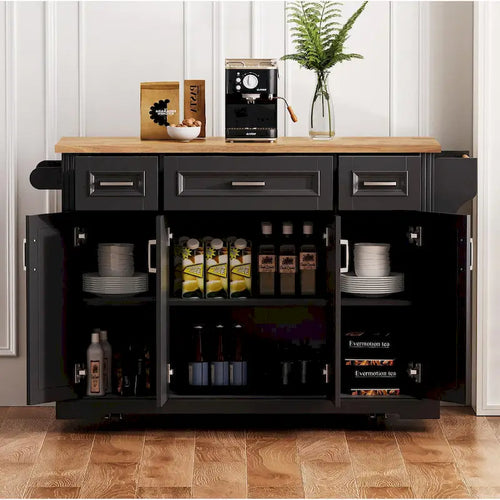 54" Rolling Kitchen Island with Drop Leaf, 4 Doors & 3 Drawers