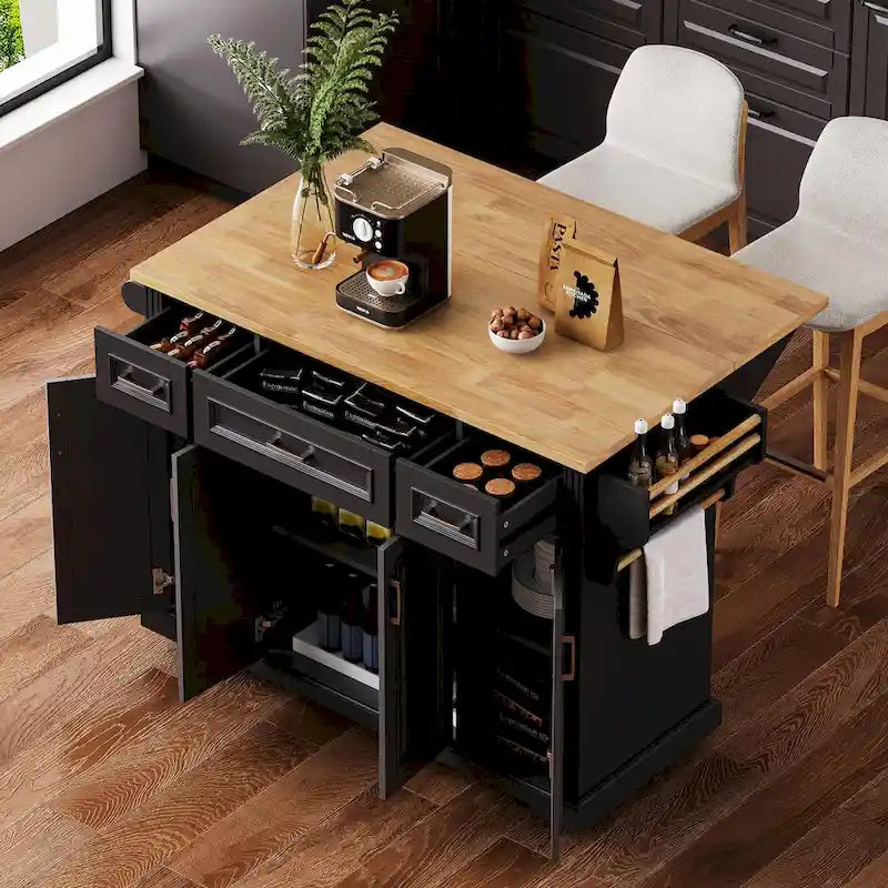 54" Rolling Kitchen Island with Drop Leaf, 4 Doors & 3 Drawers