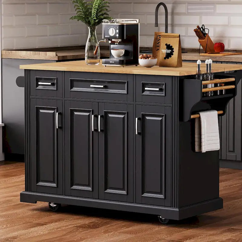 54" Rolling Kitchen Island with Drop Leaf, 4 Doors & 3 Drawers