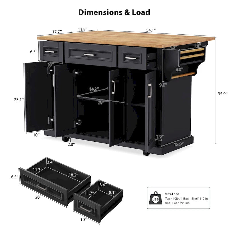 54" Rolling Kitchen Island with Drop Leaf, 4 Doors & 3 Drawers