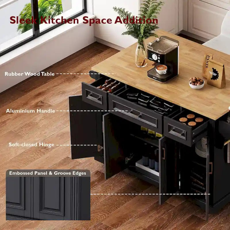 54" Rolling Kitchen Island with Drop Leaf, 4 Doors & 3 Drawers