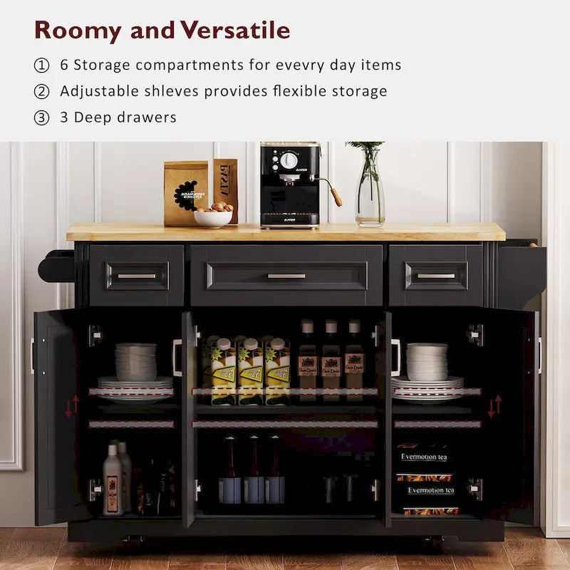 54" Rolling Kitchen Island with Drop Leaf, 4 Doors & 3 Drawers