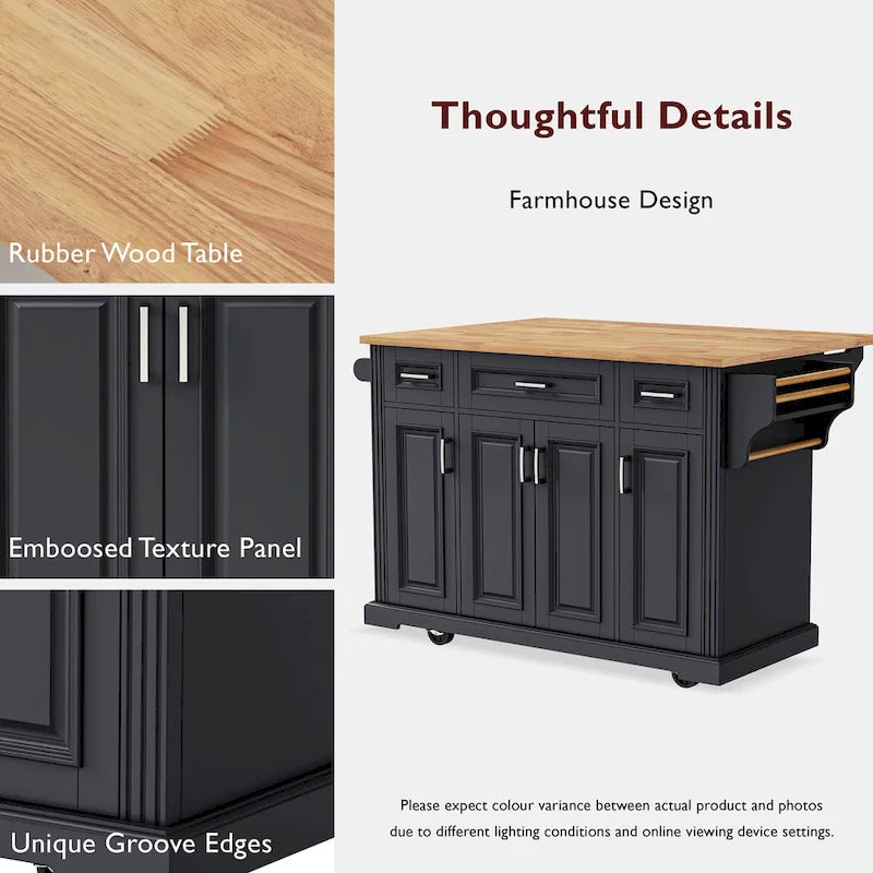 54" Rolling Kitchen Island with Drop Leaf, 4 Doors & 3 Drawers