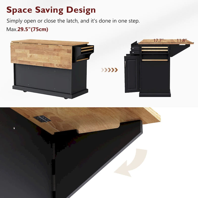54" Rolling Kitchen Island with Drop Leaf, 4 Doors & 3 Drawers