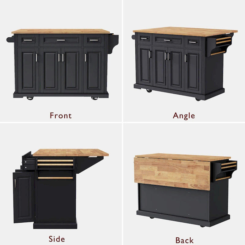 54" Rolling Kitchen Island with Drop Leaf, 4 Doors & 3 Drawers