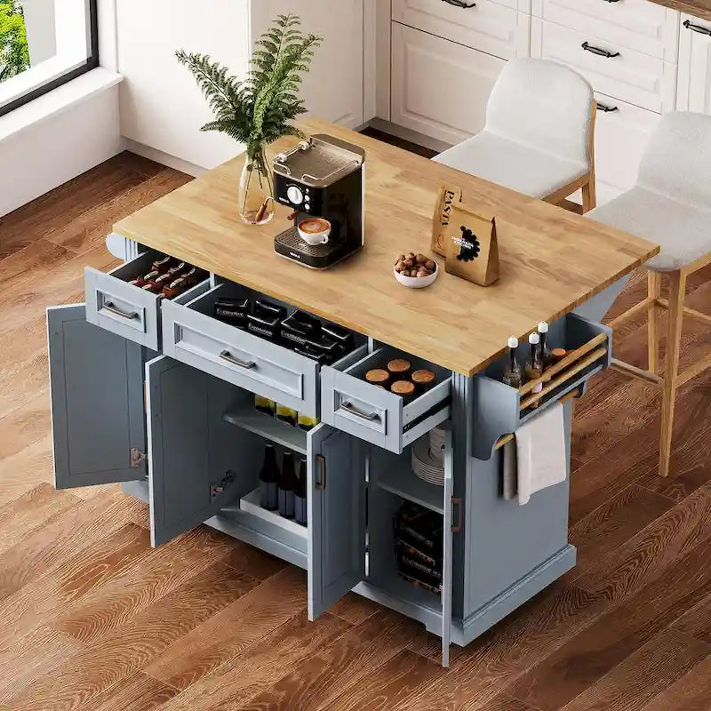 54" Rolling Kitchen Island with Drop Leaf, 4 Doors & 3 Drawers