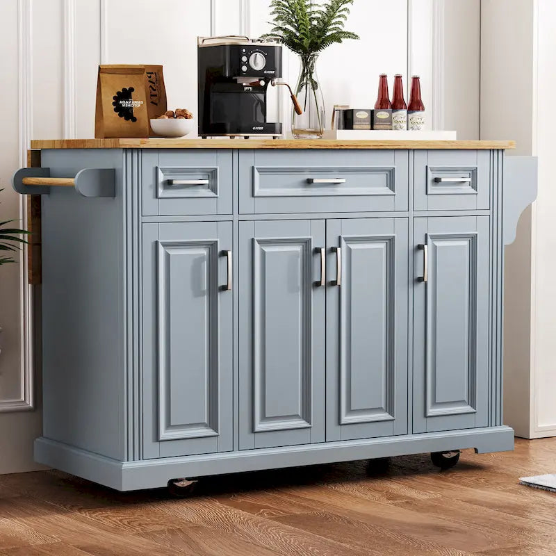 54" Rolling Kitchen Island with Drop Leaf, 4 Doors & 3 Drawers