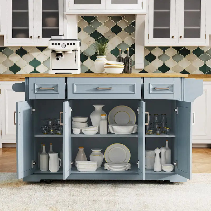 54" Rolling Kitchen Island with Drop Leaf, 4 Doors & 3 Drawers