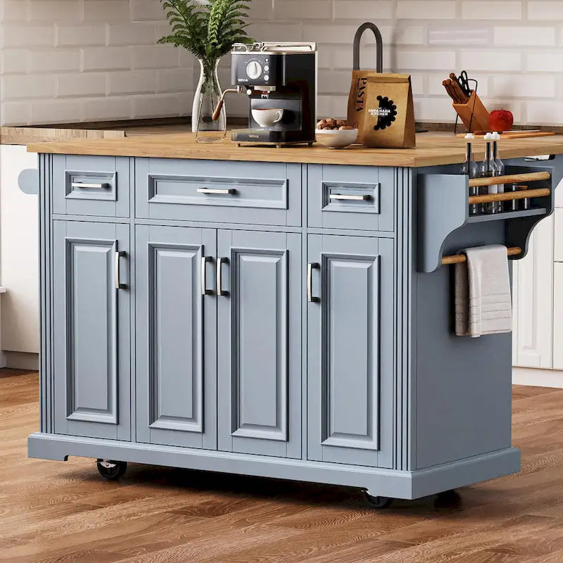 54" Rolling Kitchen Island with Drop Leaf, 4 Doors & 3 Drawers