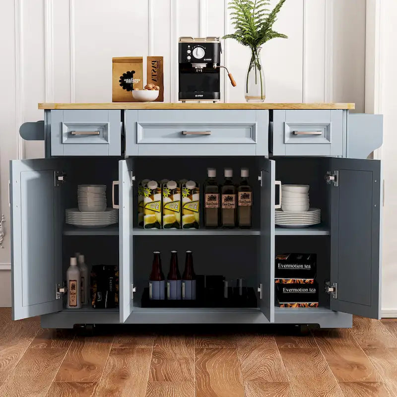 54" Rolling Kitchen Island with Drop Leaf, 4 Doors & 3 Drawers
