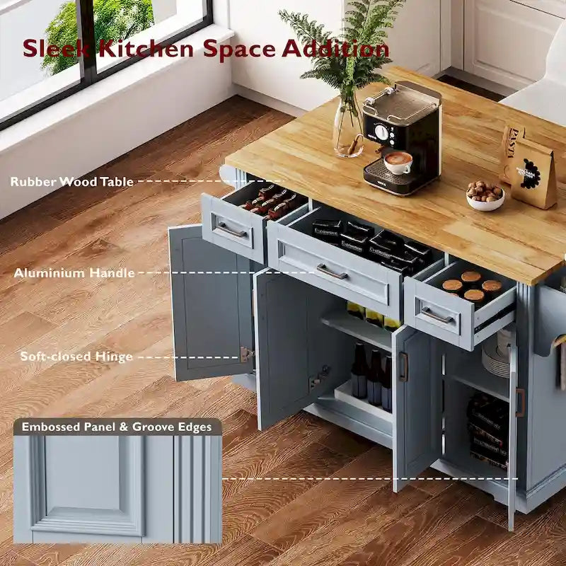 54" Rolling Kitchen Island with Drop Leaf, 4 Doors & 3 Drawers