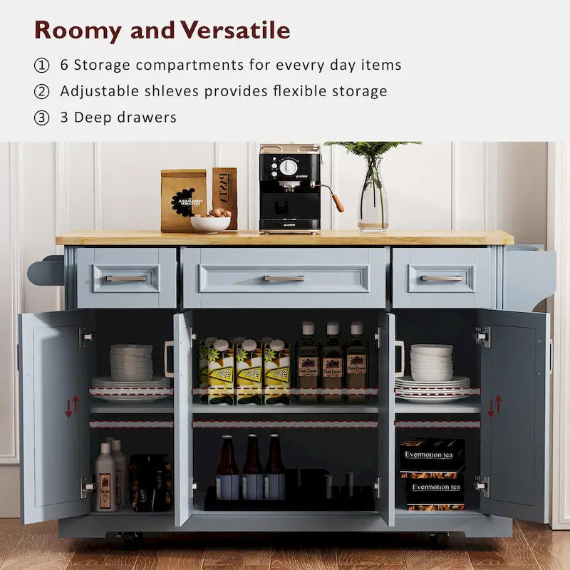 54" Rolling Kitchen Island with Drop Leaf, 4 Doors & 3 Drawers