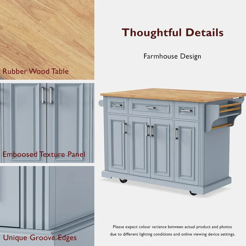 54" Rolling Kitchen Island with Drop Leaf, 4 Doors & 3 Drawers