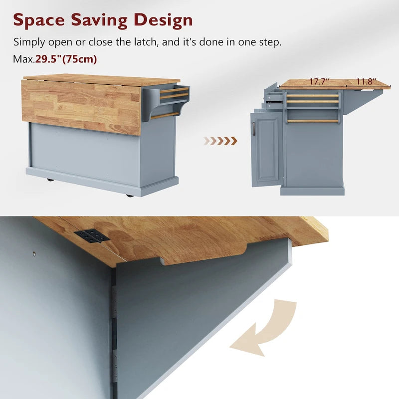 54" Rolling Kitchen Island with Drop Leaf, 4 Doors & 3 Drawers