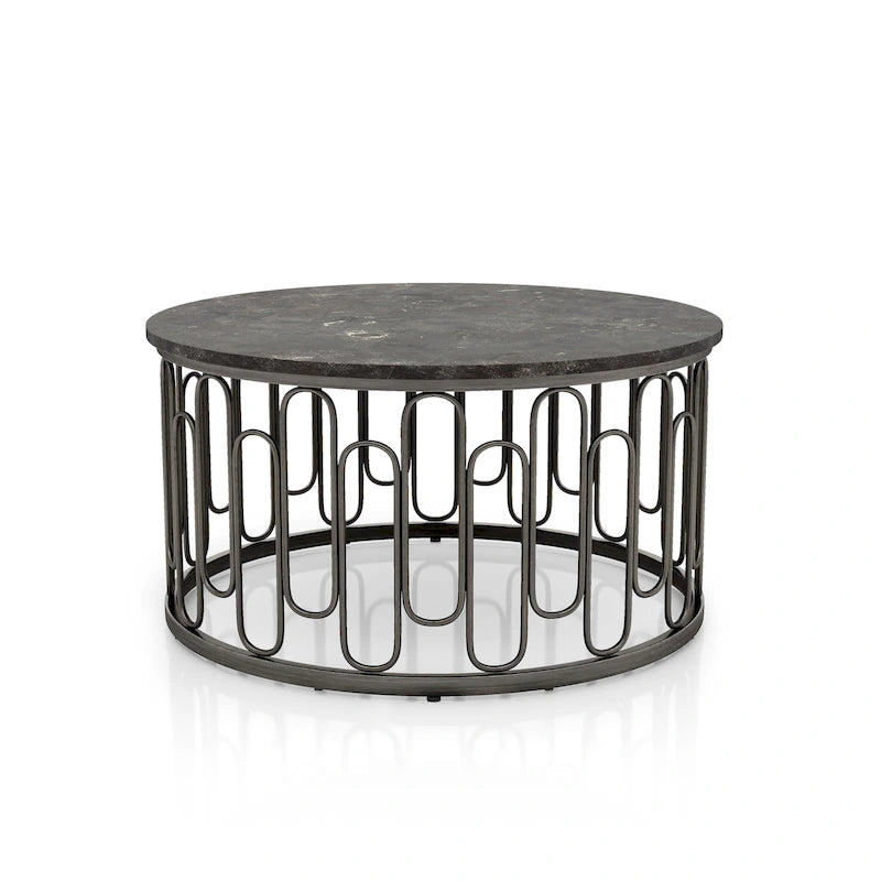 Modern Round Coffee Table with Marble Top & Decorative Iron Base