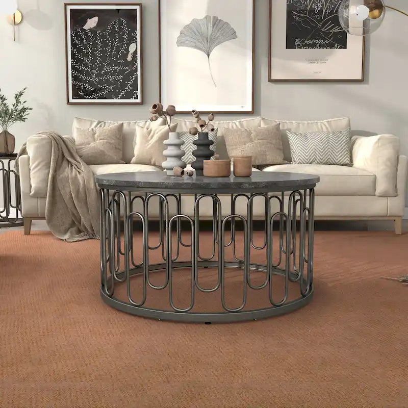 Modern Round Coffee Table with Marble Top & Decorative Iron Base