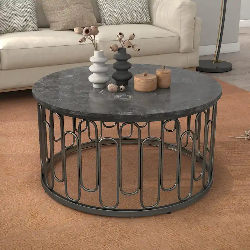 Modern Round Coffee Table with Marble Top & Decorative Iron Base