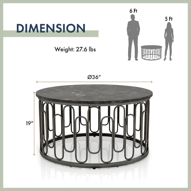 Modern Round Coffee Table with Marble Top & Decorative Iron Base